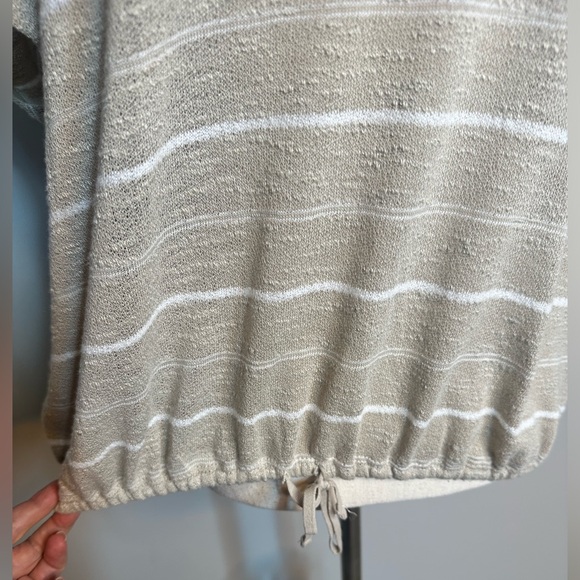 Sz L Max Studio tan white striped boat neck blouse cinched adjustable waist - Picture 8 of 8